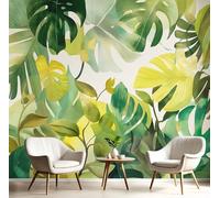 Papier Peint Soie Mural 3D Jaune-Vert Feuilles De Monstera Charmantes 400X280Cm Muraux Poster Geant Tapisserie Photo Décoration Murale,Aquarelle Tropicale Salon Chambre Bureau Couloir Peinture Décor