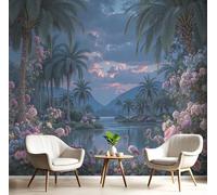 Papier Peint Soie Mural 3D Rose Vert Palmier Flamant Rose 200X140Cm Muraux Poster Geant Tapisserie Photo Décoration Murale,Illustrations De Plantes Salon Chambre Bureau Couloir Peinture Décor