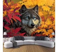Papier Peint Soie Mural 3D Rouge Jaune Loup Des Feuilles D'Automne 200X140Cm Muraux Poster Geant Tapisserie Photo Décoration Murale,Animaux Du Paysage Salon Chambre Bureau Couloir Peinture Décor