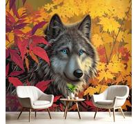 Papier Peint Soie Mural 3D Rouge Jaune Loup Des Feuilles D'Automne 250X170Cm Muraux Poster Geant Tapisserie Photo Décoration Murale,Animaux Du Paysage Salon Chambre Bureau Couloir Peinture Décor