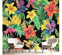 Papier Peint Soie Mural 3D Rouge Vert Feuilles De Palmier Hibiscus 300X210Cm Muraux Poster Geant Tapisserie Photo Décoration Murale,Plantes Tropicales Salon Chambre Bureau Couloir Peinture Décor