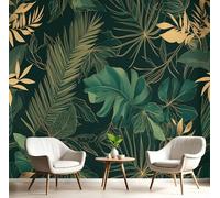 Papier Peint Soie Mural 3D Vert Doré Feuilles Palmier Élégantes 450X300Cm Muraux Poster Geant Tapisserie Photo Décoration Murale,Illustrations Tropicales Salon Chambre Bureau Couloir Peinture Décor