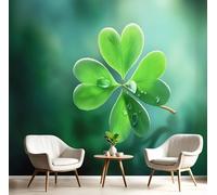 Papier Peint Soie Mural 3D Vert Trèfle À Quatre Feuilles Frais 300X210Cm Muraux Poster Geant Tapisserie Photo Décoration Murale,Plantes Fantastiques Salon Chambre Bureau Couloir Peinture Décor