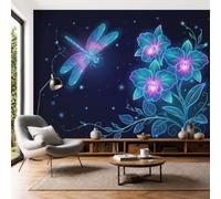 Papier Peint Soie Orchidée Phalaenopsis Libellule Lumineuse 350x250cm Papier Peint Panoramique Luxe De Rêve Grandes Poster Mural Décoration Murale pour Salon, Chambre, Chambre d'enfant, Bleu Marine