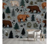 Papier Peint Soie Ours Brun Animaux Sauvages Ferme Papier Autocollant 100x100 cm Vintage Empreintes de Pattes Pin Film Adhesif pour Meuble Wallpaper Panoramique 3D Mural pour Cuisine Salle de Bains