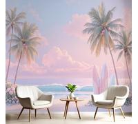 Papier Peint Soie Panoramique 3D Bleu Poudre Planche De Surf Palm Tree Poster Geant Mural Plage D'Été Pour Salon Chambre Chambre Bureau Couloir Peinture Restaurant Décoration Murale 200X140Cm