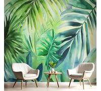 Papier Peint Soie Panoramique 3D Bleu-Vert Feuilles Palmier Colorées Poster Geant Mural Plantes L'Aquarelle Pour Salon Chambre Chambre Bureau Couloir Peinture Restaurant Décoration Murale 200X140Cm