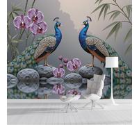 Papier Peint Soie Panoramique 3D Bleu-Vert Paon Feuilles Bambou Roche Poster Geant Mural Animaux Chinois Pour Salon Chambre Chambre Bureau Couloir Peinture Restaurant Décoration Murale 450X300Cm