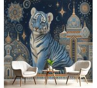 Papier Peint Soie Panoramique 3D Orange-Bleu Tigre Du Palais Poster Geant Mural Animaux À L'Aquarelle Pour Salon Chambre Chambre Bureau Couloir Peinture Restaurant Décoration Murale 300X210Cm