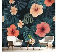 Papier Peint Soie Panoramique 3D Orange-Vert Feuilles D'Hibiscus Poster Geant Mural Plantes Tropicales Pour Salon Chambre Chambre Bureau Couloir Peinture Restaurant Décoration Murale 200X140Cm