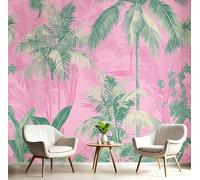 Papier Peint Soie Panoramique 3D Rose Vert Illustration De Feuilles Poster Geant Mural Rétro Tropical Pour Salon Chambre Chambre Bureau Couloir Peinture Restaurant Décoration Murale 300X210Cm