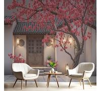 Papier Peint Soie Panoramique 3D Rouge Blanc Cour Des Pruniers Rouges Poster Geant Mural Aquarelle D'Hiver Pour Salon Chambre Chambre Bureau Couloir Peinture Restaurant Décoration Murale 250X170Cm