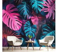 Papier Peint Soie Panoramique 3D Rouge Vert Feuille De Palmier Vibrante Poster Geant Mural Jungle Tropicale Pour Salon Chambre Chambre Bureau Couloir Peinture Restaurant Décoration Murale 350X260Cm