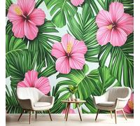 Papier Peint Soie Panoramique 3D Rouge Vert Fleurs D'Hibiscus Feuilles Vertes Poster Mural Paradis Tropical Pour Salon Chambre Chambre Bureau Couloir Peinture Restaurant Décoration Murale 300X210Cm
