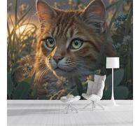 Papier Peint Soie Panoramique 3D Vert Brunâtre Chat Orange Des Prairies Poster Mural Animaux Dessin Animé Pour Salon Chambre Chambre Bureau Couloir Peinture Restaurant Décoration Murale 200X140Cm