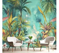 Papier Peint Soie Panoramique 3D Vert Fleurs Et Feuilles De Palmier Poster Geant Mural Jungle Tropicale Pour Salon Chambre Chambre Bureau Couloir Peinture Restaurant Décoration Murale 200X140Cm