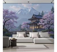 Papier Peint Soie Panoramique Cerisiers Fleurs Dans Un Temple Bleu Rose, 250x175cm (L×H) 3D Poster Geant Murale Personnalisé Paysage Japonais, pour Salon Chambre Restaurant Décoration Muraux