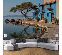 Papier Peint Soie Panoramique Chalets De Bord De Mer Méditerranéens, Paysages Côtiers Enchanteurs Poster Geant Mural Pour Salle Des Enfants Chambre Couloir Peinture Décoration Murale 350x256cm