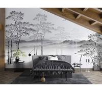 Papier Peint Soie Panoramique Esquisse noir et blanc, 350x250cm, 3D Poster Geant Mural Personnalisé, abstrait arbre minimaliste