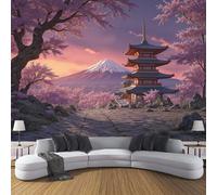Papier Peint Soie Panoramique Pagode Du Mont Fuji Fleurs De Cerisier, Style Japonais Romantique Poster Geant Mural Pour Salle Des Enfants Chambre Couloir Peinture Décoration Murale 350x256cm