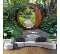 Papier Peint Soie Panoramique Paysage De Jardin, 350×256cm,3D Poster Geant Mural Personnalisé Porte En Bois Avec Des Arbres Verts pour Salon Chambre restaurant Décoration Murale Vert