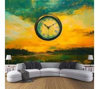 Papier Peint Soie Panoramique Peinture, 350×256cm,3D Poster Geant Mural Personnalisé Horloge Céleste pour Salon Chambre restaurant Décoration Murale Jaune-Vert