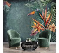 Papier Peint Soie Panoramique Style Aquarelle,350×256 Cm (W×H),3D Poster Geant Mural Personnalisé,Feuilles De Palmier Oiseau Paradis Moderne De Plantes, Pour Salon Chambre Restaurant Décoration Murale