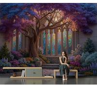 Papier Peint Soie Paysage Gothique En Vitrail, Papier Peint Panoramique Arbre De Vie Fantastique Bleu Foncé Pour Salon Chambre, Xxl Moderne Déco Murale Maison, Décoration Photo Murale 400X280Cm