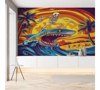 Papier Peint Soie Requin Squelette Amusant Papier Autocollant 100x100 cm Animaux Marins Plage Palmier Tropical Film Adhesif pour Meuble Wallpaper Panoramique 3D Mural pour Cuisine Salle de Bains
