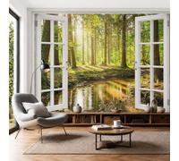 Papier Peint Soie Ruisseau Forestier, 250x175cm Papier Peint Panoramique Reflets Soleil Sur Forêt Conifères Fresque Murale, Décoration Murale pour Bureau Salon Canapé Chambre, Lac Peu Profond Vert