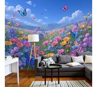 Papier Peint Soie Style frais et guérisseur, Papier Peint Panoramique Champ de fleurs, papillon, ciel bleu Bleu et rose pour Salon Chambre, Déco Murale Maison, Décoration Photo Murale 250x175cm