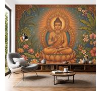 Papier Peint Soie Style Zen Rétro D'Asie Du Sud, 350x250cm Papier Peint Panoramique Statues De Bouddha Tropicales Tableaux Muraux Décoration Murale pour Salon, Chambre, Décor Fond TV, Bleu Profond