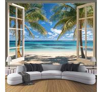Papier Peint Soie Vue 3D Par Fenêtre 200x140cm Papier Peint Panoramique Plage Tropicale Tableaux Muraux Tapisserie Photo Décoration Murale XXL Pour Salon, Chambre D'Enfants, Restaurant, Bleu