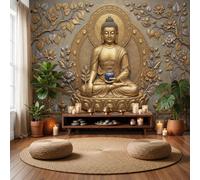 Papier Peint Statue De Bouddha Feuille De Bodhi, 400x280cm, Or | Papier Peint Panoramique Relief Rétro Style Zen, Decoration Salon Chambre, Décoration Soie Murale Poster Tableaux Muraux Imprimé