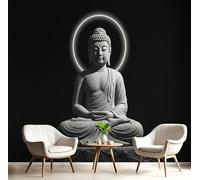 Papier Peint Statue De Pierre Minimaliste Pour La Méditation, Papier Peint Panoramique 3D Paysage Zen Noir Pour Salon Chambre Bureau Couloir, Décoration Murale Poster Intérieure Grande, 250 X 175 Cm