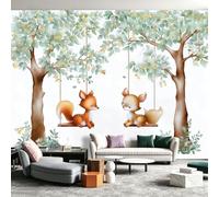 Papier peint Style Animal De La Forêt Cartoon, 150x105 cm, Décoration Murale Poster Tableaux Muraux Tapisserie pour Chambre Enfant Maison Histoires Crèche, Branches Arbre Faon Renard Écureuil