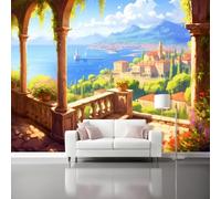 Papier Peint Style anime Escaliers pierre Architecture Village, 400 x 280 cm 3D Impression Haute Définition Papier Peint, Coloré Décoration Murale Poster Salon Chambre á Coucherr Bureau Salle