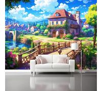 Papier Peint Style anime Village Pont de pierre Vignes fleuries 400 x 280 cm Panoramique Peinture Murale Interieur pour Salon Chambre à Coucher D'Enfant Maison Décoration Murale Coloré