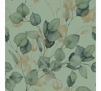 Papier peint style aquarelle avec feuilles d'eucalyptus et éléments dorés, parfait pour les salons, les chambres à coucher, revêtement mural à thème botanique Vert/Or World of Wallpaper AF0035