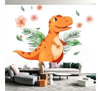 Papier peint Style Cartoon Plat Minimaliste, 250x175 cm, Décoration Murale Poster Tableaux Muraux Tapisserie pour Chambre Enfant Chambre Garçon Crèche Espace Jeu, Petits Dinosaures Fleurs Feuilles