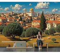 Papier Peint Style Dessin Animé Panoramique Vue Panoramique D'Une Ville Rurale Européenne Revêtement Murale Décoration Salon, Chambre Coucher Maison Décoration Intérieure 350 X 256 Cm