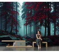 Papier Peint Style Fantastique Étrange Panoramique Mystérieuse Impression La Forêt Rouge Revêtement Murale Décoration Salon, Chambre Coucher Maison Décoration Intérieure 308X220 Cm