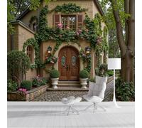 Papier Peint Style Italien Vignes Fleuries Portes En Bois 3D Murale Pour TV Fond Mur Décor Style Campagnard Méditerranéen Murales Grandes Poster Imprimé Papier Peint Pour Chambre Salon Décor 400x280cm