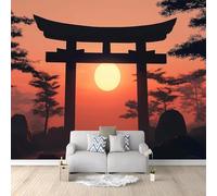 Papier Peint Style Japonais 3D Auto Adhesif Panoramique Mural Paysage Au Coucher du Soleil Papier Peint en Soie Poster XXL Décoration Murale Salon Chambre 250x175 cm B-1355