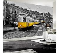 Papier peint sur tissu de soie Motif tramway et rue Jaune 280 x 180 cm