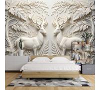 Papier Peint Texturé 3D 120X84 Pouces Motif Double Cerf Forêt et Fleurs pour Chambre À Coucher Sculpture Animale Symétrique Décoration Murale pour Salon Twin Elk 300X210Cm/120X84 Pouces (L X H)