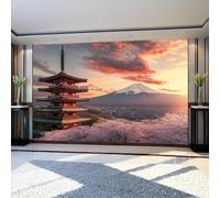 Papier Peint tour de style japonais et montagne enneigée Intissé 200 x 140 cm Panoramique Lever Du Soleil Fresque Murale Décoration Salon Chambre