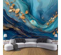 Papier Peint Tourbillons Dorés Feuille D'Or,Wallpaper Panoramique Marbre Abstrait, Papier Peint Intissé Salon Chambre Bureau 400×280cm Fresque Murale Bleu