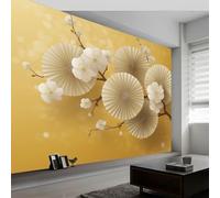 Papier Peint Traditionnels Éventail Papier Fleurs Cerisier350 x 256 cm Décoration Papier Peint Moderne Jaune Murale facile à nettoyer, idéale pour chambre et salon, avec un design unique et moderne