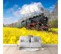 Papier Peint Train Rétro 3D Auto Adhesif Panoramique Mural Jardin de Printemps Papier Peint en Soie Poster XXL Décoration Murale Salon Chambre 300x210 cm B-2546
